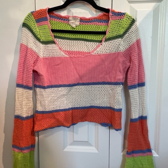 Hippie Rose Tops - Hippie Rose Pink and Green Long Sleeve Ribbed Crop Blouse